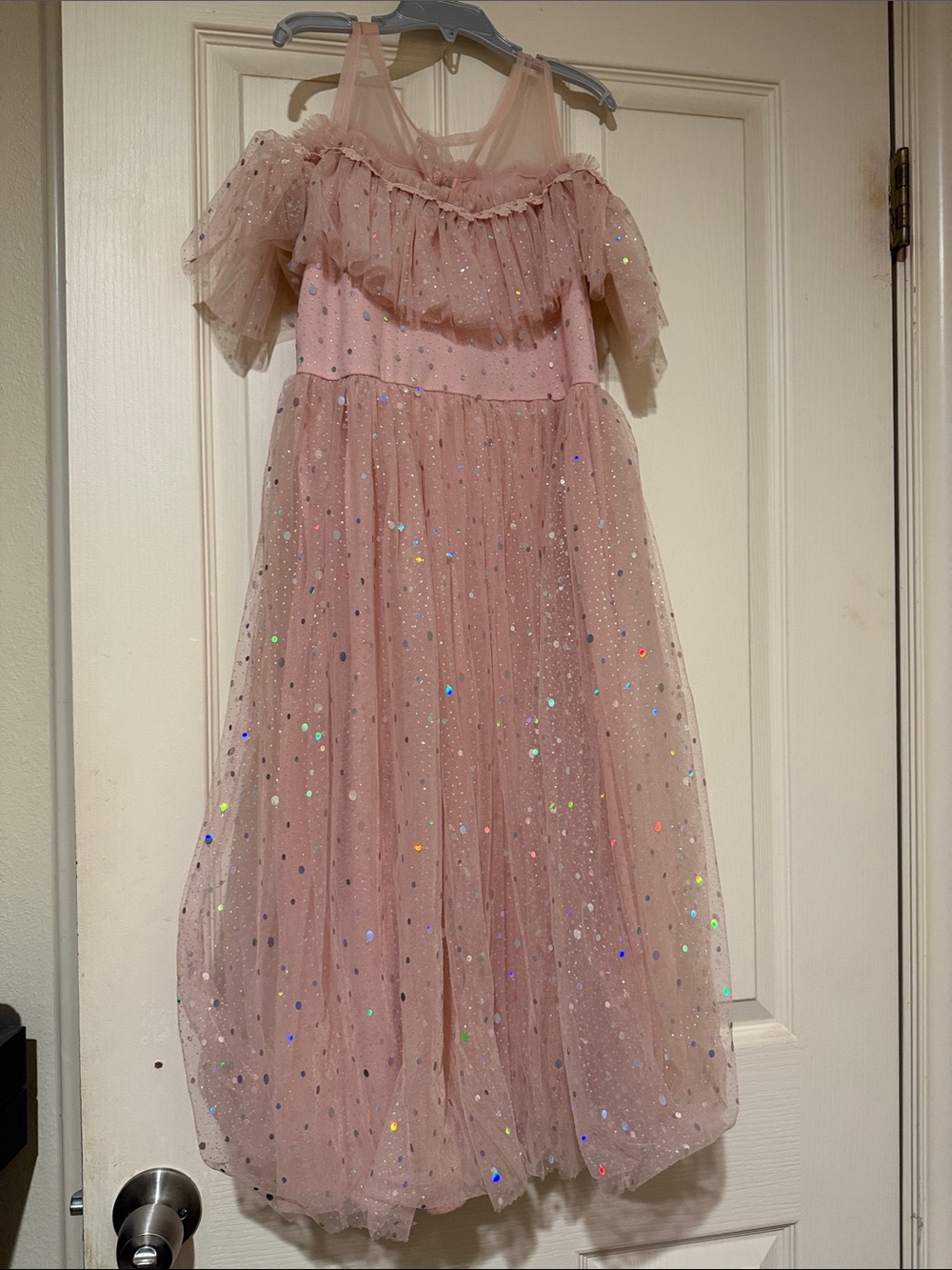 SHEIN Pink Sequin Tulle Off-Shoulder Party Dress for Girls